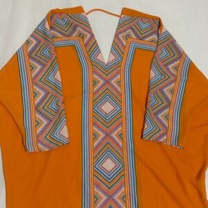 Rose + Olive Orange Geometric Print Batwing V-Neck Kaftan Blouse Top Womens Med